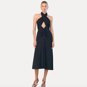 MISHA Esperanza Halter Midi Dress Front Cutout Open Back Black Jersey - sz 8